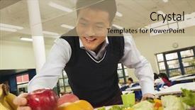  Presentation with school cafeteria - Slide deck having meal prep - teacher reaching for healthy food background and a coral colored foreground
