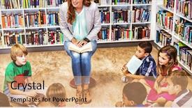  Presentation with school kids reading books - Presentation design consisting of teacher reading books to her background and a coral colored foreground