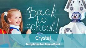  Presentation with interactive mobile learning - Beautiful slide set featuring teacher robot with schoolchild girl backdrop and a teal colored foreground