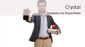  Presentation with gift ribbon - Colorful presentation design enhanced with teacher showing a phone wrapped backdrop and a  colored foreground