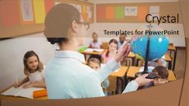  Presentation with elementary - Theme enhanced with teacher showing pupils a globe at the elementary school background and a coral colored foreground