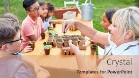  Presentation with summer school - Presentation theme consisting of teacher-shows-children background and a coral colored foreground