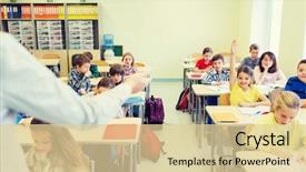  Presentation with elementary school - Audience pleasing presentation theme consisting of teacher sitting in classroom backdrop and a  colored foreground
