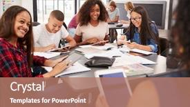  Presentation with high school students - Slide deck featuring teacher sitting with high school background and a coral colored foreground