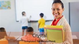  Presentation with classroom - Cool new PPT theme with teacher smiling at camera backdrop and a coral colored foreground