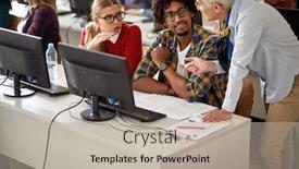  Presentation with classroom - Cool new PPT layouts with teacher-talking-with-two-puils backdrop and a mint green colored foreground