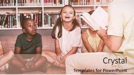  Presentation with elementary school career day and technology and black female teacher - Cool new slide deck with teacher teaching kids in library backdrop and a coral colored foreground