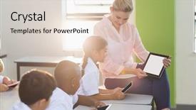  Presentation with school kids - Audience pleasing slide set consisting of teacher teaching kids on digital backdrop and a lemonade colored foreground