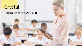  Presentation with school kids - Beautiful PPT layouts featuring teacher teaching kids on digital backdrop and a white colored foreground