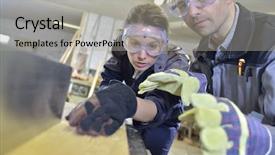  Presentation with machine - Presentation theme with teacher training - instructor showing trainee how background and a light gray colored foreground