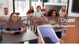  Presentation with high school - Slide deck enhanced with teacher uses tablet in high background and a tawny brown colored foreground