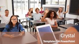  Presentation with high school - Beautiful slide deck featuring teacher uses tablet in high backdrop and a coral colored foreground