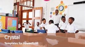  Presentation with elementary school - Presentation design with teacher welcomes kids arriving background and a coral colored foreground