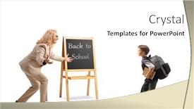  Presentation with back school - PPT theme with teacher-welcoming-a-schoolboy-back background and a white colored foreground