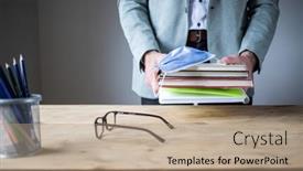  Presentation with medical books - PPT theme with teacher-with-books-and-medical background and a coral colored foreground