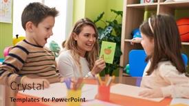  Presentation with teacher - PPT theme consisting of teacher-with-boy-and-girl background and a coral colored foreground