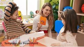  Presentation with teacher - Slides enhanced with teacher-with-boy-and-girl background and a coral colored foreground