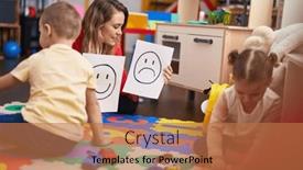  Presentation with emotion - Presentation theme with teacher-with-boy-and-girl background and a coral colored foreground