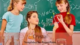  Presentation with chemistry - Amazing presentation design having teacher with children holding flask in chemistry class three people backdrop and a coral colored foreground