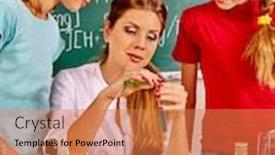  Presentation with chemistry - Amazing presentation theme having teacher with children holding flask in chemistry class backdrop and a coral colored foreground