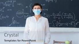  Presentation with face mask - PPT theme consisting of teacher-with-face-mask-welcoming background and a light blue colored foreground