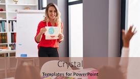  Presentation with space - PPT theme consisting of teacher-with-girls-having-space background and a coral colored foreground