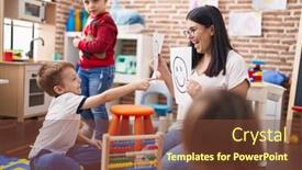  Presentation with group therapy - Presentation design enhanced with teacher-with-group-of-boys background and a tawny brown colored foreground