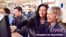  Presentation with computers - Cool new slide deck with teacher-with-group-of-mature backdrop and a wine colored foreground