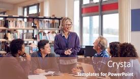  Presentation with college students - Presentation theme consisting of teacher-with-group-of-mature background and a coral colored foreground