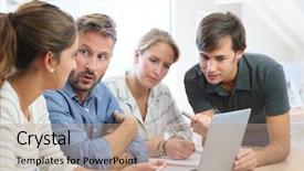  Presentation with students working in groups - PPT theme with teacher with group of students background and a coral colored foreground