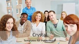  Presentation with college students - Presentation design consisting of teacher with his happy students background and a coral colored foreground