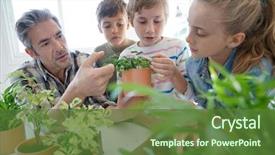  Presentation with plant biology - Theme having teacher with kids in biology background and a tawny brown colored foreground