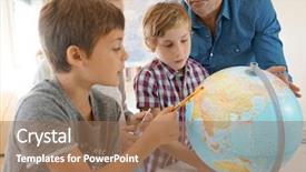  Presentation with geography - Audience pleasing slide deck consisting of teacher with kids in geography backdrop and a coral colored foreground