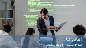  Presentation with task - Presentation having teacher-with-laptop-standing background and a ocean colored foreground