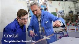  Presentation with metallurgy - Presentation theme consisting of teacher with student in metallurgy background and a navy blue colored foreground