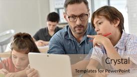  Presentation with using digital tablet - Presentation design consisting of teacher with students in class background and a coral colored foreground