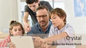  Presentation with using digital tablet - Cool new theme with teacher with students in class backdrop and a coral colored foreground