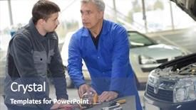  Presentation with mechanics - PPT theme featuring teacher with students in mechanics background and a ocean colored foreground