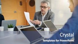  Presentation with teachers working around a table - Colorful slide deck enhanced with teacher with students working aroung backdrop and a  colored foreground