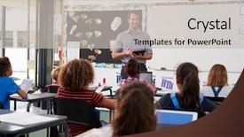  Presentation with elementary school - Colorful presentation design enhanced with teacher with tablet in front backdrop and a light gray colored foreground