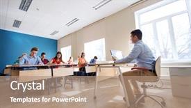  Presentation with school technology - Colorful slide deck enhanced with teacher with tablet pc computer backdrop and a coral colored foreground