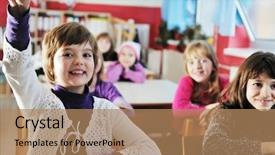  Presentation with young children at school - Slide set consisting of teacher woman at elementrary school background and a coral colored foreground