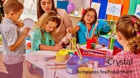  Presentation with children design - Slide set featuring teacher woman painting school background and a coral colored foreground