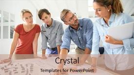  Presentation with project - Beautiful PPT theme featuring teacher working on project backdrop and a coral colored foreground