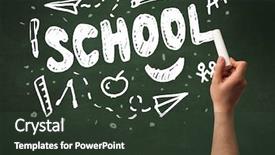  Presentation with school clean - Amazing PPT theme having teacher writing school drawing children things on clean green chalkboard by hand backdrop and a tawny brown colored foreground