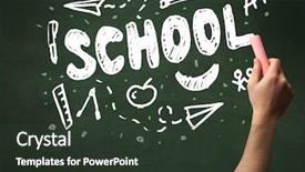  Presentation with school clean - PPT layouts featuring teacher writing school drawing children things on clean green chalkboard by hand background and a tawny brown colored foreground