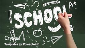  Presentation with school clean - PPT theme having teacher writing school drawing children things on clean green chalkboard by hand background and a dark gray colored foreground