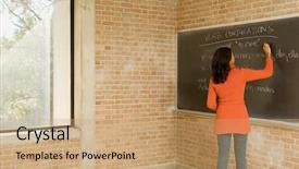  Presentation with blackboard english text welcome - Colorful theme enhanced with teacher writing spanish text backdrop and a coral colored foreground