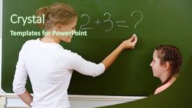  Presentation with student writing teacher - PPT theme enhanced with teacher writing sum on blackboard background and a tawny brown colored foreground