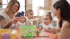  Presentation with teachers - Presentation design having teachers-and-preschool-students-playing background and a coral colored foreground